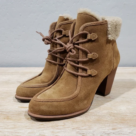 NWOB! UGG "ANALISE" Women's Suede Sheepskin High Heel Ankle Boots (8) Chestnut - Picture 2 of 10